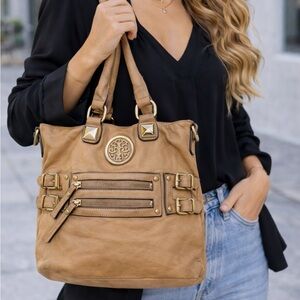 Tan Leather Tote Bag with Decorative Medallion